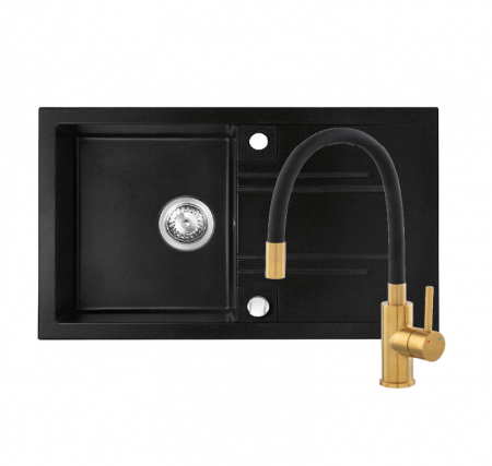 Amenajare bucatarie - Set chiuveta Ferro granit 78x48 grafite cu baterie flexibila Ferro ZUMBA NEGRU-GOLD
