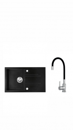 Promotii pachete chiuveta + baterie - Set chiuveta Ferro granit 78x48 grafite cu baterie flexibila neagra ER-A208N