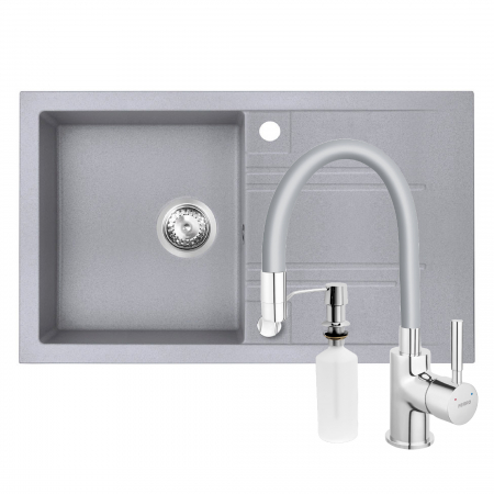Promotii pachete chiuveta + baterie - Set chiuveta Ferro granit 78x48 GrI cu baterie flexibila Ferro+Dozator detergent FERRO