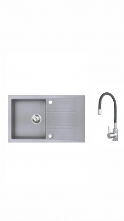 Promotii pachete chiuveta + baterie - Set chiuveta Ferro granit 78x48 GrI cu baterie flexibila Gri ER-A208G