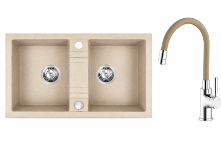 Amenajare bucatarie - Set chiuveta Ferro granit 78x48 nisip ,2 cuve, cu baterie flexibila Ermetiq ER-HR108Y