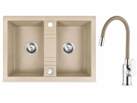 Amenajare bucatarie - Set chiuveta Ferro granit 78x48 nisip ,2 cuve, cu baterie flexibila Ermetiq ER-HR208Y