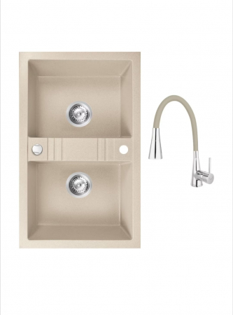 Amenajare bucatarie - Set chiuveta Ferro granit 78x48 nisip 2 cuve cu baterie flexibila Ferro 2 functii