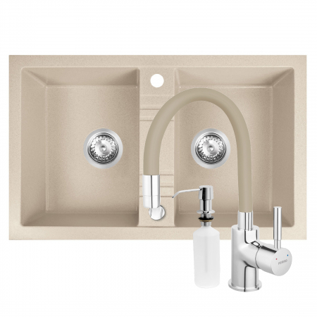 Promotii pachete chiuveta + baterie - Set chiuveta Ferro granit 78x48 nisip ,2 cuve, cu baterie flexibila Ferro bej+Dozator detergent FERRO