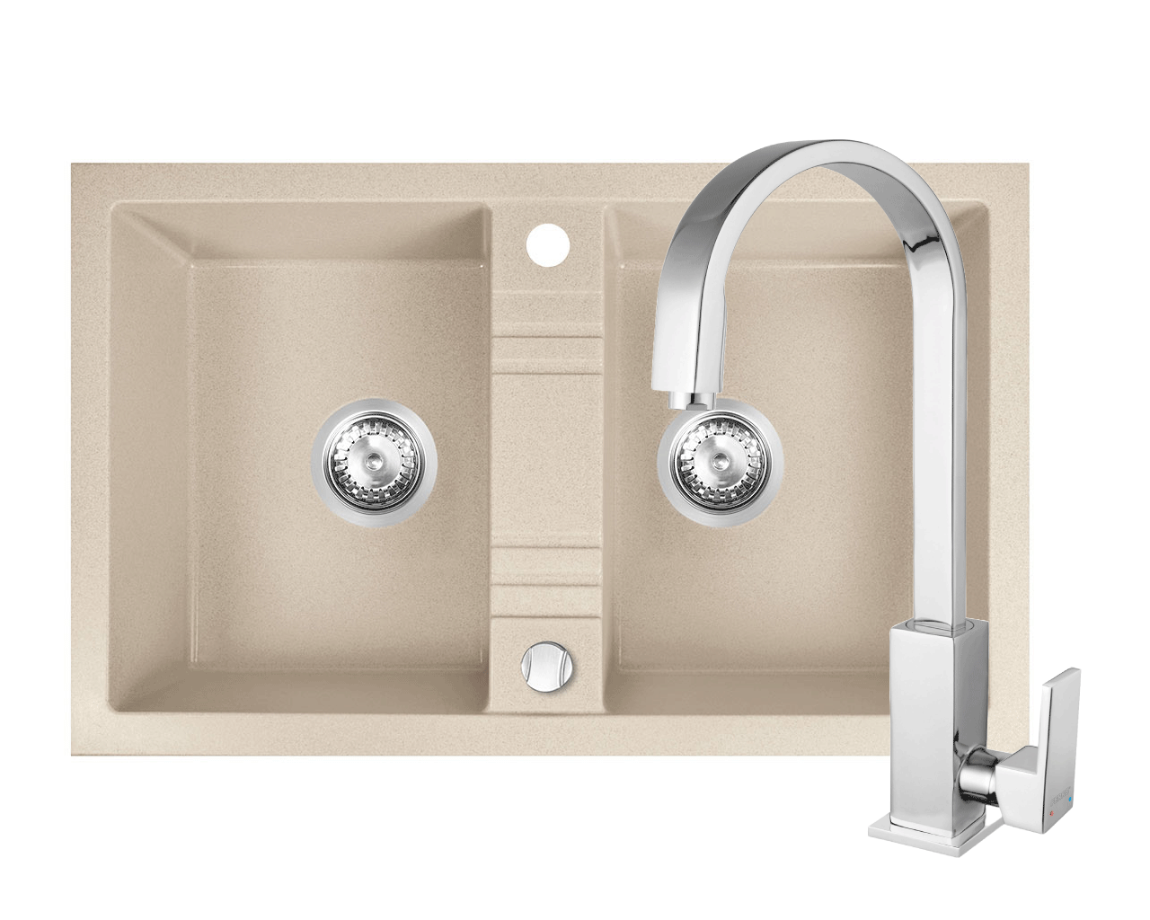 Amenajare bucatarie - Set chiuveta Ferro granit 78x48 nisip 2 cuve cu baterie stativa Ferro Zicco
