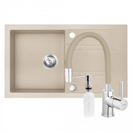 Promotii pachete chiuveta + baterie - Set chiuveta Ferro granit 78x48, nisip ,cu baterie flexibila Ferro+dozator detergent  FERRO
