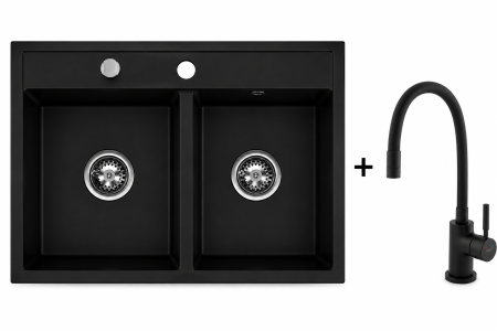 Promotii pachete chiuveta + baterie - Set chiuveta Ferro granit cu 2 cuve 45 × 75 cm Negru Mat+Baterie flexibila Ferro neagra