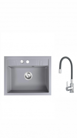 Promotii pachete chiuveta + baterie - Set chiuveta Ferro granit gri , 1 cuva 580x480 cu baterie flexibila Gri ER-A208G