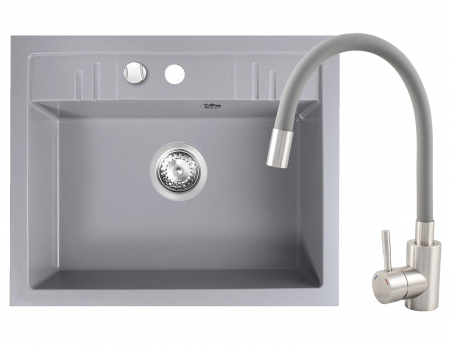 Promotii pachete chiuveta + baterie - Set chiuveta Ferro granit gri , 1 cuva 580x480 cu baterie flexibila Gri ER-YX208G
