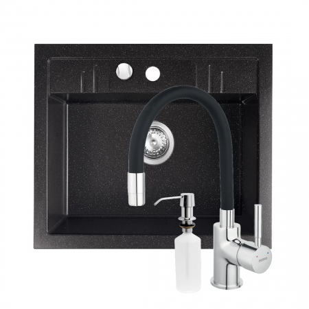 Promotii pachete chiuveta + baterie - Set chiuveta granit Ferro , 1 cuva grafit, 58x48, cu baterie flexibila Ferro neagra+Dozator detergent FERRO