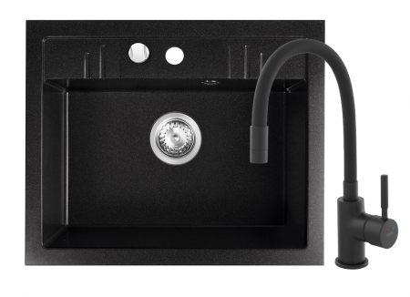 Amenajare bucatarie - Set chiuveta granit Ferro , 1 cuva grafit, 58x48, cu baterie flexibila Ferro NERO neagra