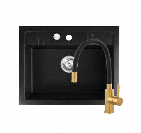 Amenajare bucatarie - Set chiuveta granit Ferro , 1 cuva grafit, 58x48, cu baterie flexibila Ferro ZUMBA NEGRU-GOLD