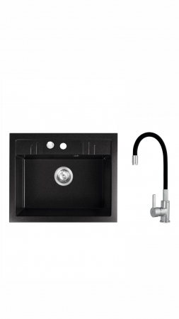 Promotii pachete chiuveta + baterie - Set chiuveta granit Ferro , 1 cuva grafit, 58x48, cu baterie flexibila neagra ER-A208N