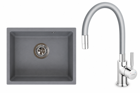 Promotii pachete chiuveta + baterie - Set Chiuvetă granit, montaj sub blat, o cuvă, 38 × 46 cm FERRO STAMPO Gri, adâncime cuvă 205 mm+Baterie flexibila FERRO gri