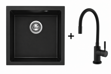 Promotii pachete chiuveta + baterie - Set chiuvetă granit, montaj sub blat, o cuvă, 38 × 46 cm FERRO STAMPO Negru Mat, adâncime cuvă 205 mm+Baterie Flexibila Ferro neagra