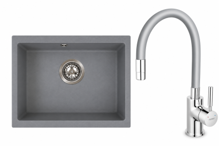 Promotii pachete chiuveta + baterie - Set Chiuvetă granit montaj sub blat, o cuvă, 40 × 54 cm FERRO STAMPO Gri, adâncime cuvă 205 mm+Baterie flexibila FERRO gri