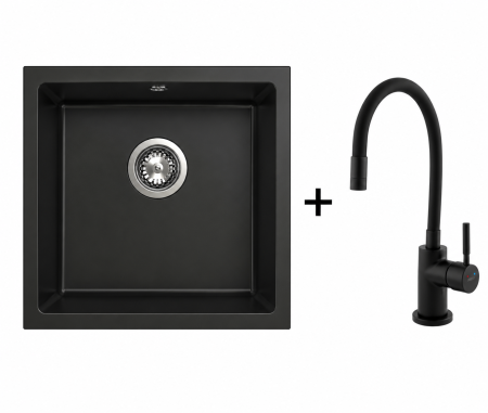 Promotii pachete chiuveta + baterie - Set chiuvetă granit montaj sub blat, o cuvă, 40 × 54 cm FERRO STAMPO Negru Mat, adâncime cuvă 205 mm+ Baterie flexibile Ferro neagra