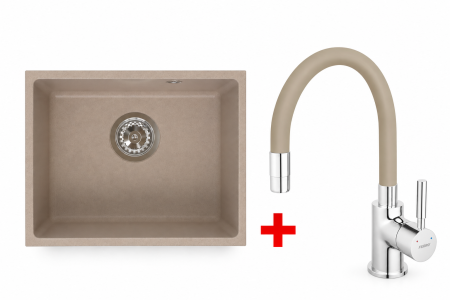 Amenajare bucatarie - Set Chiuvetă granit montaj sub blat, o cuvă, 40 × 54 cm FERRO STAMPO Nisip, adâncime cuvă 205 mm+Baterie flexibila FERRO