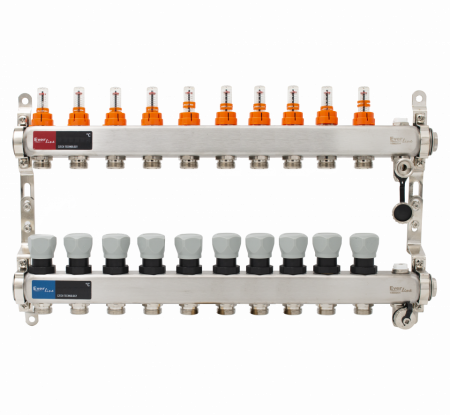 Incazire in Pardoseala - Set distribuitor INOX cu debitmetre, aerisitor manual si robineti de golire 1"- 10 cai