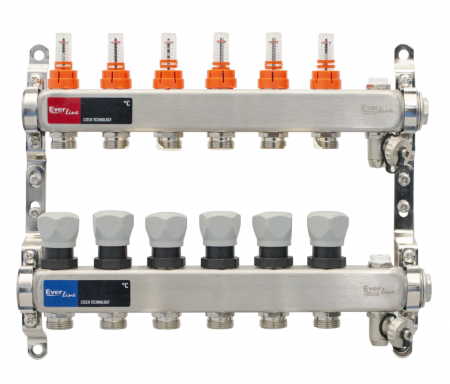 Incazire in Pardoseala - Set distribuitor INOX cu debitmetre, aerisitor manual si robineti de golire 1"- 6 cai