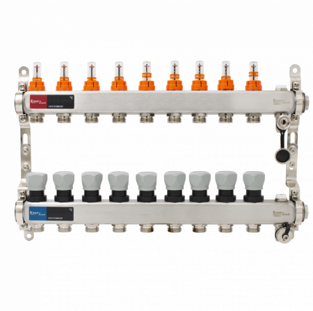 Incazire in Pardoseala - Set distribuitor INOX cu debitmetre, aerisitor manual si robineti de golire 1"- 9 cai