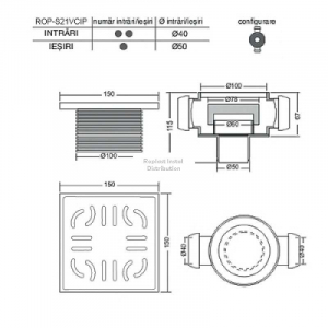 Sifon pard cu doua intrari laterale Ø40 la 180gr, o iesire verticala Ø50 si înaltator inox [1]
