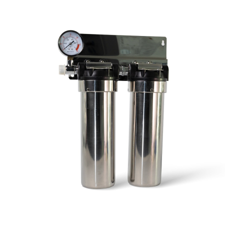 Instalatii apa/gaz/canalizare - Sistem de filtrare din inox AISI 304 10" DUPLEX conexiune ½"F cu manometru
