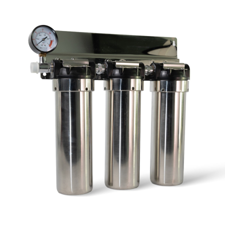 Instalatii apa/gaz/canalizare - Sistem de filtrare din inox AISI 304  10" TRIPLEX conexiune ½"F cu manometru