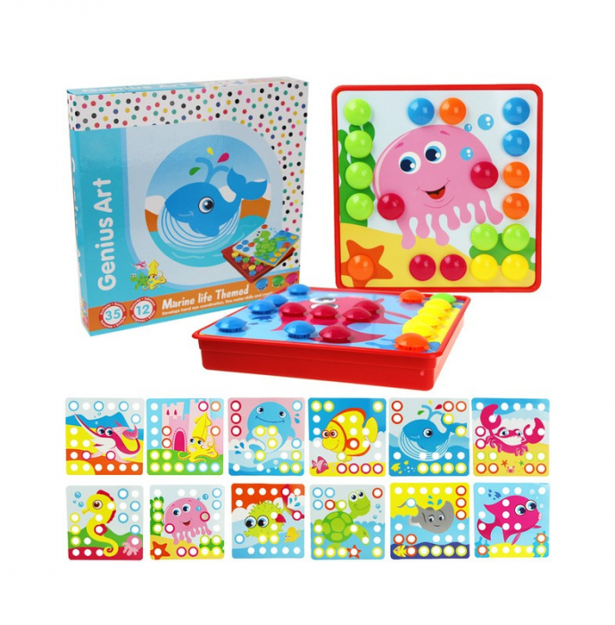 Joc creativ mozaic Genius Art, Animale Marine, 12 cartonase, 35 de butoni, Toyska [6]