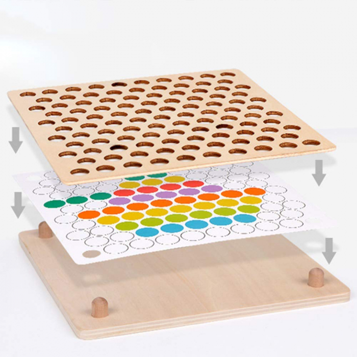 Joc Montessori de indemanare si asociere culori cu bile din lemn, multicolor [6]