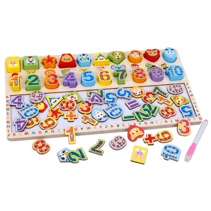 Tabla educativa Montessori 3 in 1 cu Cifre si Forme, 40 x 23 cm, multicolor [2]