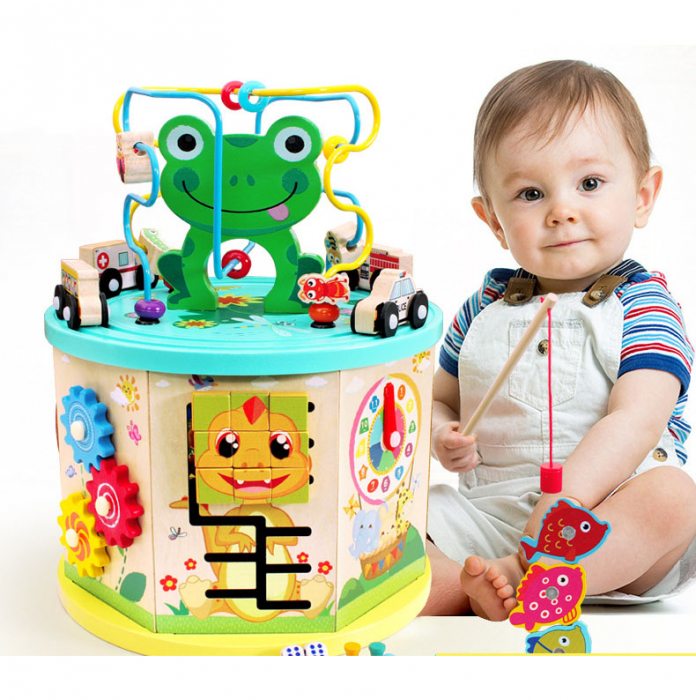 Cub educativ Montessori din lemn 10 in 1 Broscuta cu masinute si joc pescuit, multicolor [2]