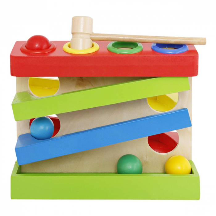 Circuit Montessori cu bile din lemn si ciocanel, multicolor [4]