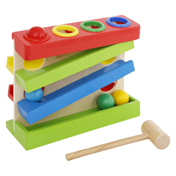 Circuit Montessori cu bile din lemn si ciocanel, multicolor [3]
