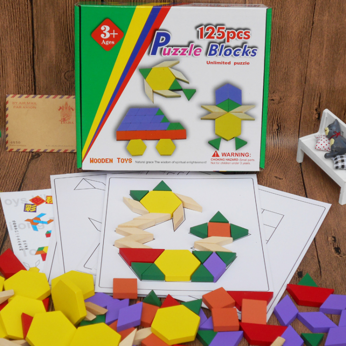 Joc educativ Tangram 125 piese din lemn, multicolor [2]