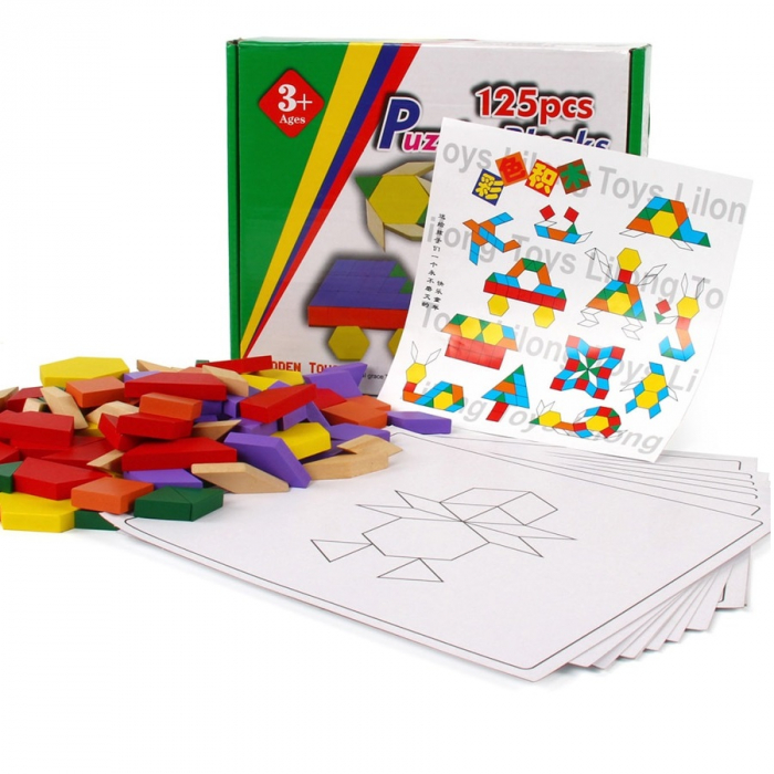 Joc educativ Tangram 125 piese din lemn, multicolor [3]