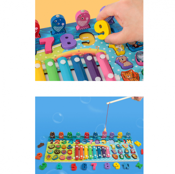 Joc educativ logaritmic cu Xilofon Montessori 5 in 1 cu cifre, fructe, animale, joc de pescuit din lemn, multicolor [4]
