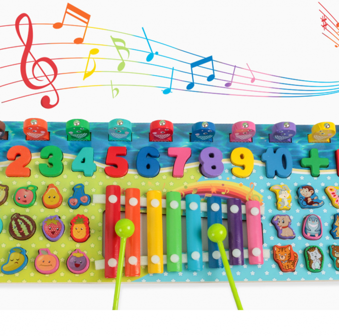 Joc educativ logaritmic cu Xilofon Montessori 5 in 1 cu cifre, fructe, animale, joc de pescuit din lemn, multicolor [3]