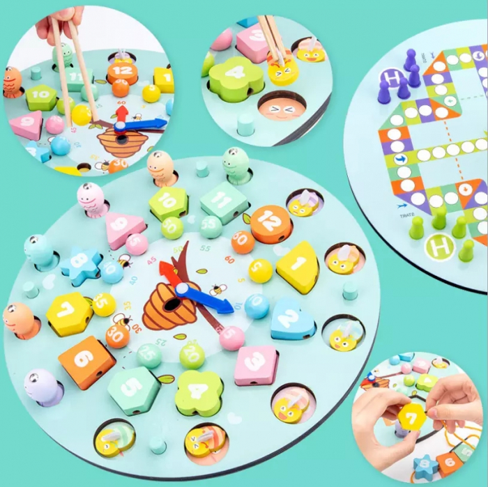 Ceas multifuncional din lemn cu doua fete, games, chess, fishing beads, multicolor [3]