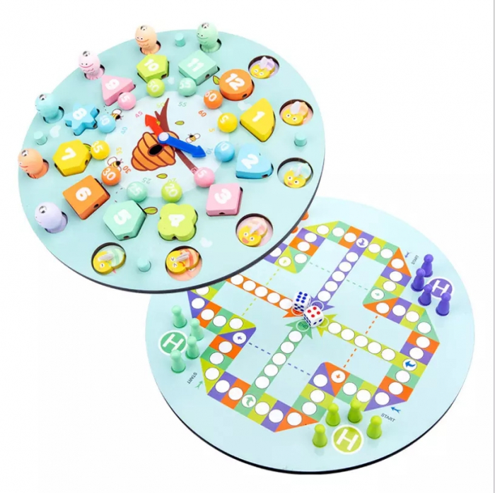 Ceas multifuncional din lemn cu doua fete, games, chess, fishing beads, multicolor [4]