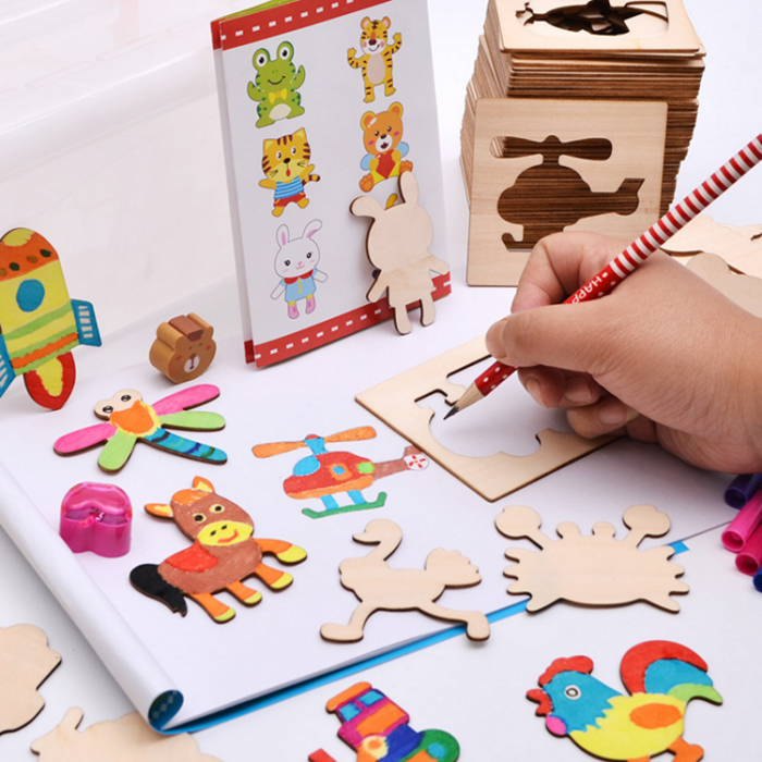 Set Montessori cu 56 sabloane din lemn cu accesorii pentru desenat, multicolor [6]