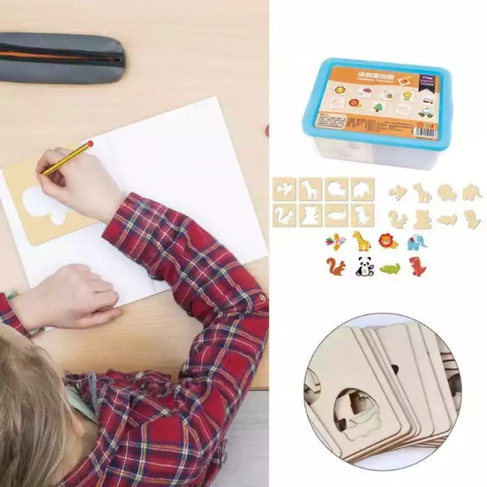 Set Montessori cu 56 sabloane din lemn cu accesorii pentru desenat, multicolor [4]