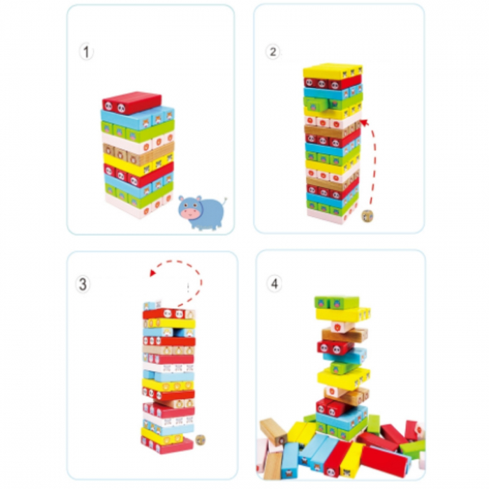 Joc Jenga Beech din lemn cu Animale, 51 piese, multicolor [3]