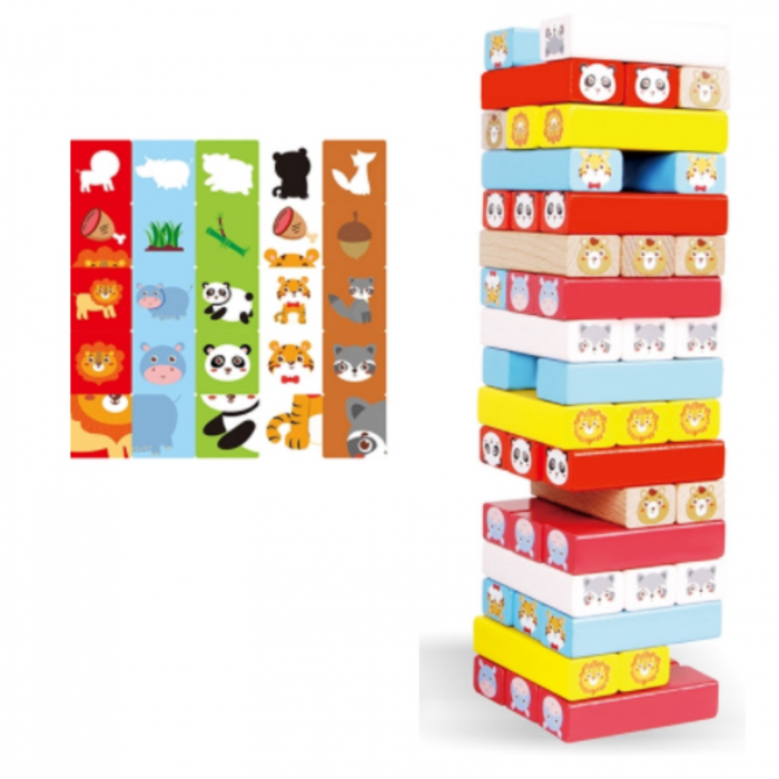 Joc Jenga Beech din lemn cu Animale, 51 piese, multicolor [2]
