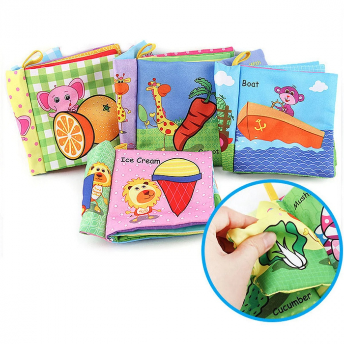 Set 4 Carti senzoriale textile cu animale, fructe, vehicule si legume, multicolor [4]