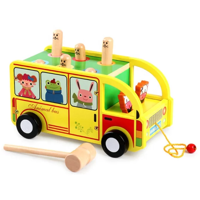 Autobuz de tras, din lemn, cu ciocanel si animale, multicolor [6]