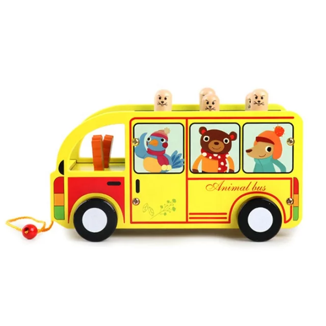 Autobuz de tras, din lemn, cu ciocanel si animale, multicolor [5]