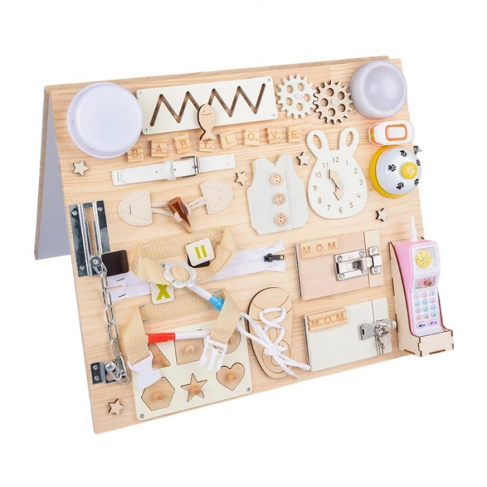 Placa senzoriala Busy Board 2 in 1 din lemn in stil Montessori [1]