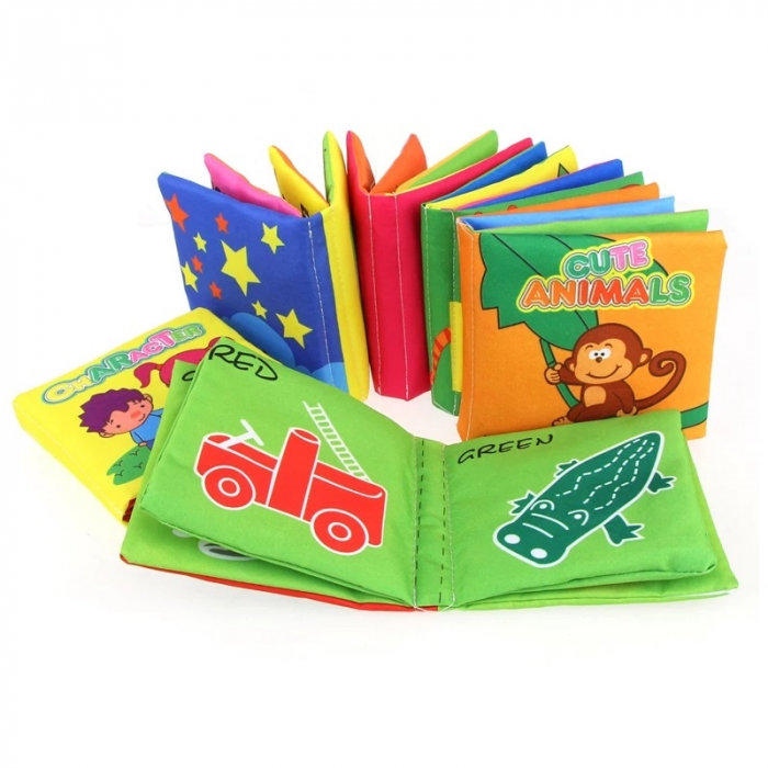 Set 6 Carti senzoriale textile cu animale, cifre, vehicule si culori, multicolor [5]