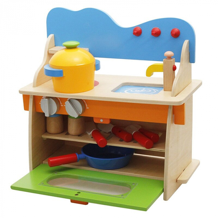 Bucatarie multifunctionala din lemn pentru copii cu multiple accesorii, multicolor [4]
